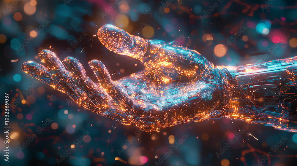 Poster cybernetic robotic hand with glowing circuits in a futuristic digital environment