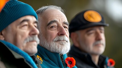 Group of veterans standing together at a remembrance ceremony wearing jackets adorned with poppy flowers as a symbol of honoring those who served and sacrificed