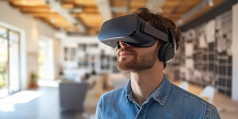 Person wearing a VR headset and exploring virtual real estate properties and architectural designs, VR technology for immersive property tours and visualization in the real estate, Generative AI