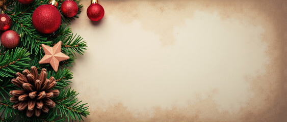 Christmas Holiday Background with Pine Cones and Red Baubles