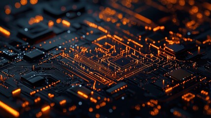 Intricate abstract circuitry patterns with glowing orange lights immersed in a dark technological landscape during evening hours