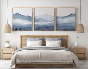 Rustic wooden bed with blue pillows and two bedside cabinets against white wall with three posters frames. Farmhouse interior design of modern bedroom. 