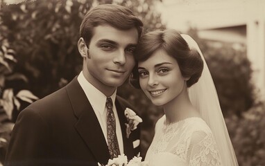 Timeless snapshots: old fashioned photograph from a 60s or 70s wedding, capturing the essence of love and nostalgia that freeze cherished moments in the elegance of past eras