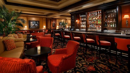 Luxurious bar interior with red chairs, a well-stocked bar, and elegant decor.