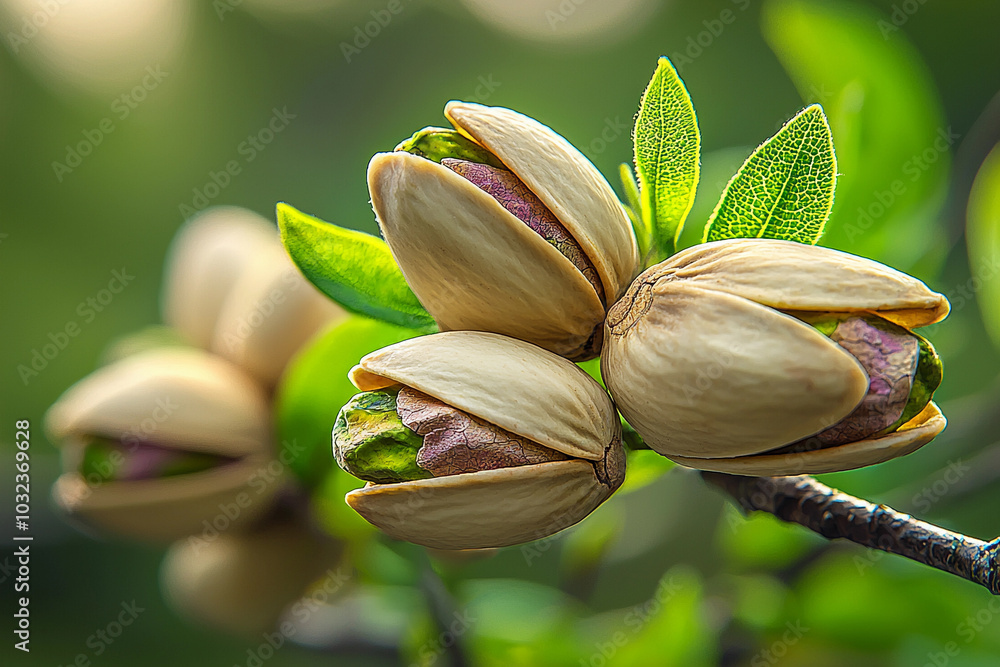 Poster pistachio tree branches with developing nuts in springtime sunlight