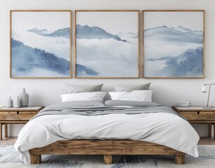 Rustic wooden bed with blue pillows and two bedside cabinets against white wall with three posters frames. Farmhouse interior design of modern bedroom. 