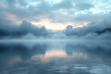 Obraz premium Calm morning mist over serene lake at dawn with soft reflections