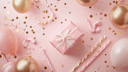Festive Pink Gift Box with Party Balloons