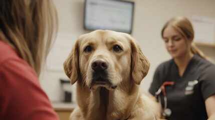 A golden retriever at a veterinary clinic, with a veterinarian and owner present.