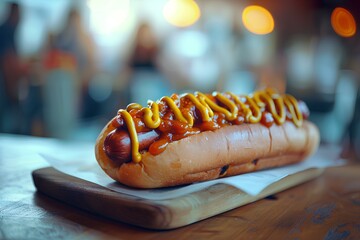 A hot dog with mustard and ketchup on a cutting board