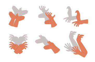 Hand gestures shadow theater, showing birds, animals from palms and fingers vector flat set, gaming arm puppets dog crab