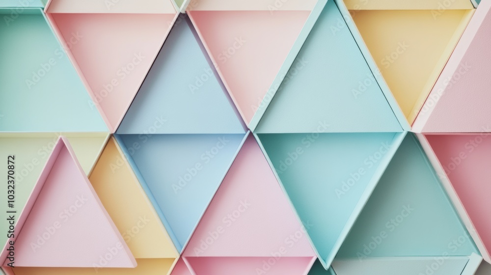 Poster pastel triangle arrangement, a harmonious sequence of small triangles in soft pastel hues, creating 