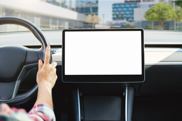 Infotainment system in electric car interior, mockup touchscreen blank display.