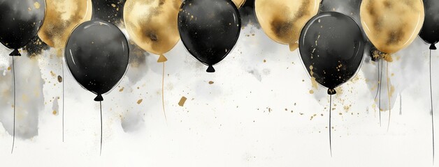 Elegant watercolor black and gold balloons float against a white background, ideal for New Year's Eve banners, upscale birthday parties, luxury event flyers, and festive gala or grand opening events