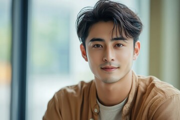 Portrait of young handsome asian beauty smile man isolated background, Generative AI