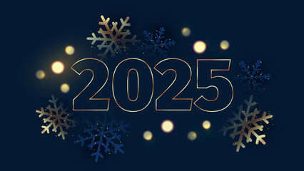 Navy New year background with gold digits 2025, snowflakes and bokeh