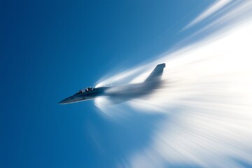 Jet fighter plane breaking sound barrier, creating dramatic vapor cone in blue sky