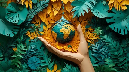 Ecologythemed paper art featuring hand holding a water drop with Earth inside surrounded by plants representing environmental protection saving water and World Environment Day