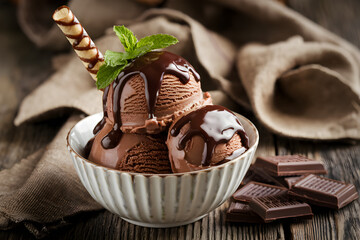 Glossy chocolate ice cream bowl topped with mint, resting on rustic surface