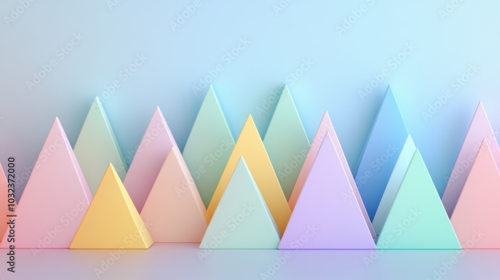 Poster pastel triangle harmony, a series of uniform small triangles in soft hues, creating a soothing visua
