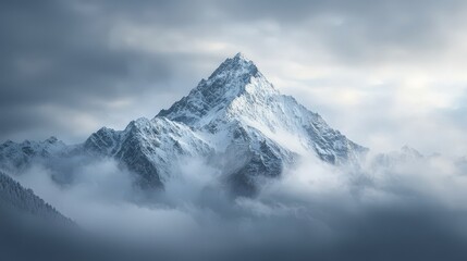 Obraz premium A majestic mountain peak rises above the clouds at dawn, showcasing its rugged beauty and surrounding mist in a breathtaking landscape