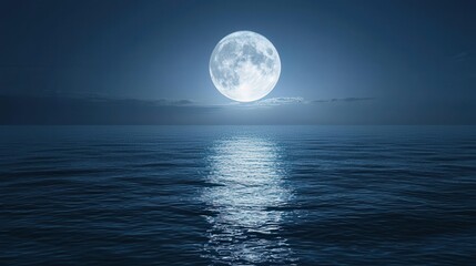 A serene night sky with a full moon illuminating the calm sea, creating a peaceful atmosphere under the starlit sky