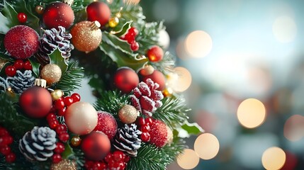 Fototapeta premium Festive Christmas wreath hanging on a snow covered wooden door surrounded by twinkling holiday lights that cast a warm welcoming glow The evergreen foliage and natural elements create a charming