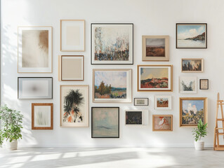 modern art gallery wall with various framed artworks