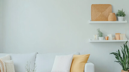 A cozy living room featuring light colored sofa adorned with soft cushions, complemented by minimalist shelves displaying plants and decorative items. serene atmosphere invites relaxation and comfort
