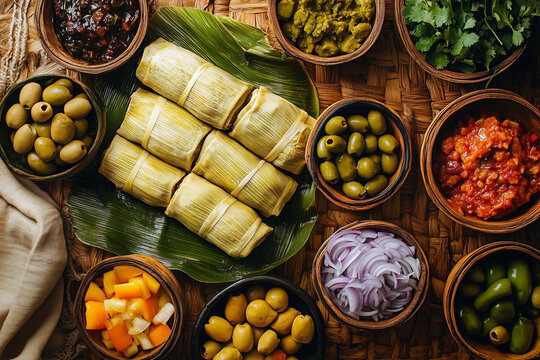 Un banquete de tamales  envueltas en hojas de ma&iacute;z, aceitunas y verduras sobre una estera artesanal iluminada c&aacute;lidamente.