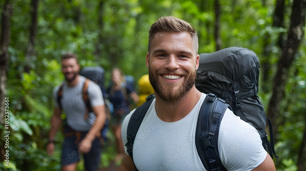 Poster group of adventurous explorers hiking together on a winding trail through a lush verdant forest fill