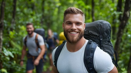 Fototapeta premium Group of adventurous explorers hiking together on a winding trail through a lush verdant forest filled with towering trees vibrant foliage and a serene natural ambiance