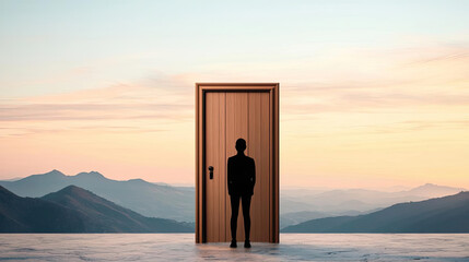 A silhouette of a person standing before an open door against a scenic mountain backdrop at sunset, symbolizing choices and new beginnings.