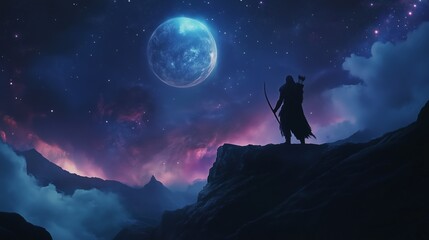 Silhouette of Archer Under Starry Sky and Distant Planet