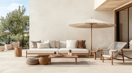 A serene outdoor living space featuring modern sofa, stylish chairs, and large umbrella, surrounded by greenery. This tranquil setting invites relaxation and comfort