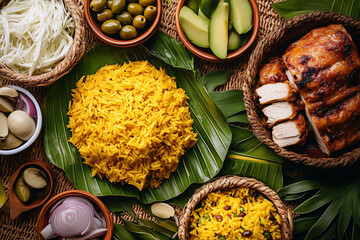 Vista superior de una mesa con ingredientes tradicionales  sobre hojas de plátano tendido, cortes de carne vegetales y arroz amarillo.