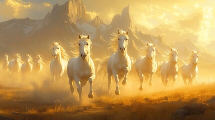 Galloping White Horses Through Golden Dusty Landscape