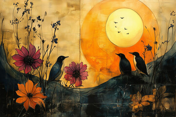 Birds resting at sunset