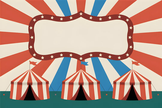 Retro circus poster with striped tents evokes festive, nostalgic atmosphere
