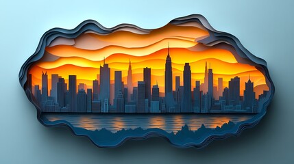 Minimalist city skyline silhouette, layered paper cut technique, sleek and simple design for urban or architectural themes