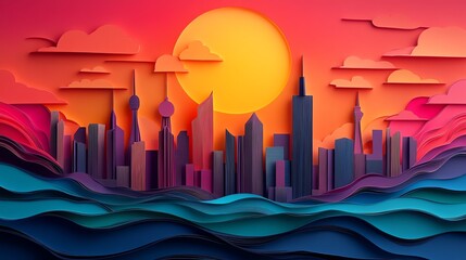 Minimalist city skyline silhouette, layered paper cut technique, sleek and simple design for urban or architectural themes
