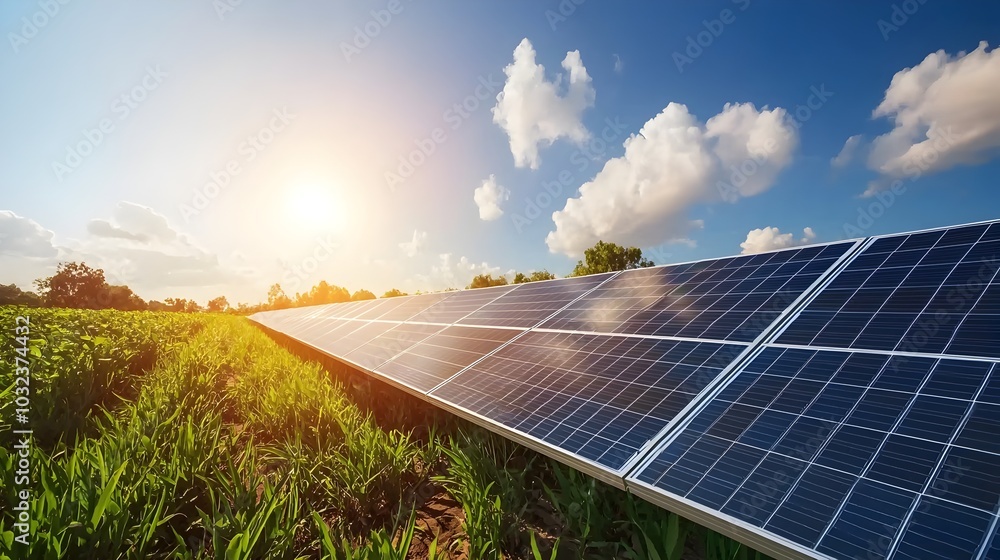 Poster expansive field with rows of solar panels efficiently converting the sun s abundant rays into clean 