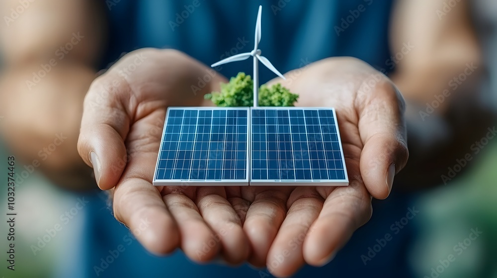 Poster close up of hands holding a small model of a solar panel and a wind turbine symbolizing the concept 