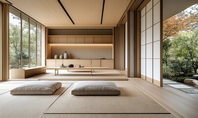 Japanese minimalist interior design kitchen and living room ,sleek tatami mats meet plush rugs, light wood blends with earthy ceramics, and hidden shoji screens reveal a minimalist, Generative AI