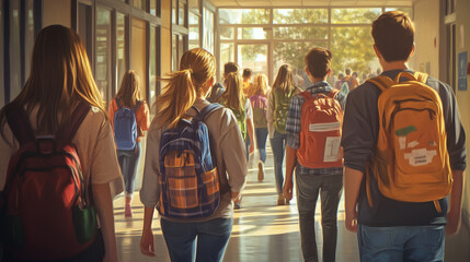 Obraz premium group of high school students walking down a hallway between classes