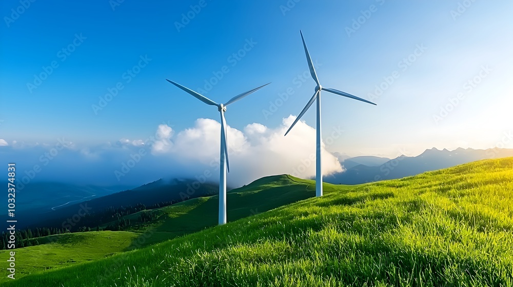 Wall mural wind turbines silently generating renewable electricity on a misty morning in a peaceful rural count