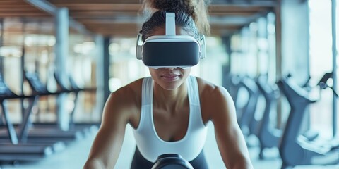 Virtual Fitness person wearing a VR headset while exercising on a stationary bike treadmill, immersed in a virtual fitness environment with scenic routes and interactive workout, Generative AI