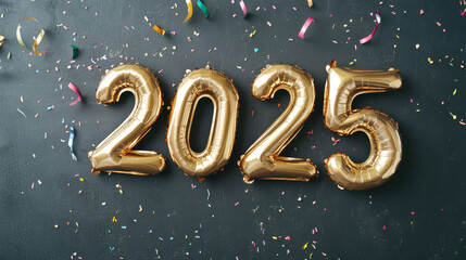 Naklejka premium Celebrate arrival of new year with golden balloons spelling out 2025, surrounded by colorful confetti and streamers, creating festive atmosphere