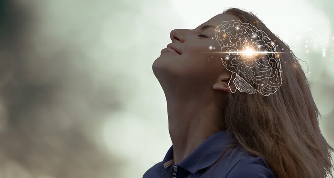 AI Artificial Intelligence concept. Young woman with brain icon