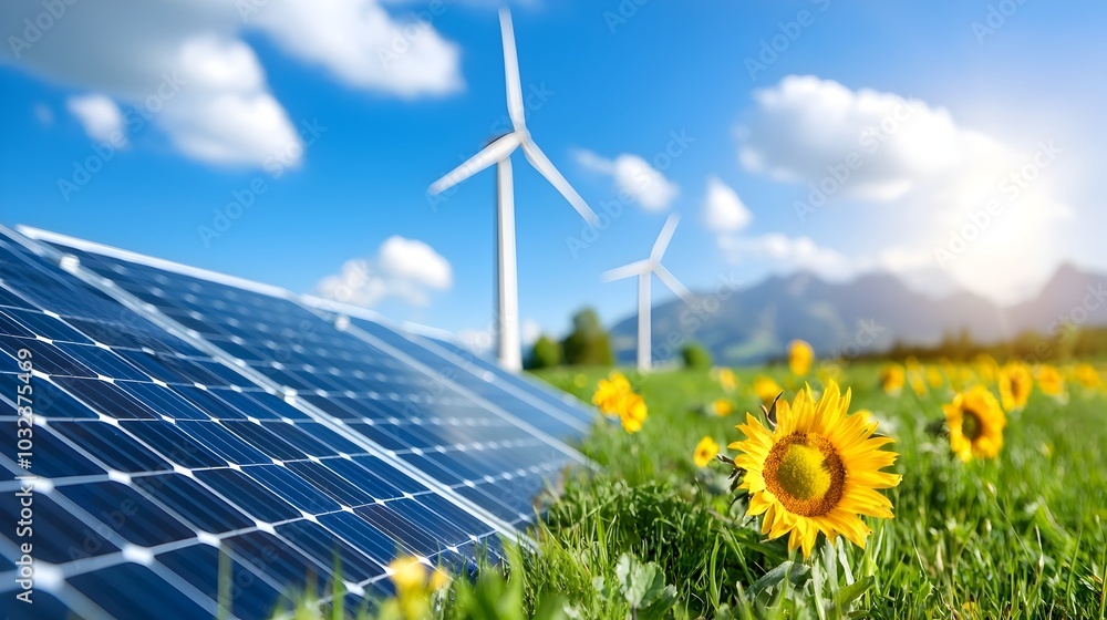 Aufkleber a sprawling field of solar panels and wind turbines working in harmony to harness nature s renewable